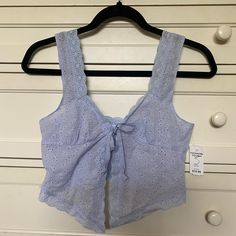 Nwt Eyelet Tied Summer Top Fits Xs/S Blue Tie Back Crop Top For Spring, Trendy Blue Top With Tie Straps, Trendy Blue Tops With Tie Straps, Euro Summer, Mama Mia, Eyelet Top, Eyelet Lace, Summer Top, Baby Blue