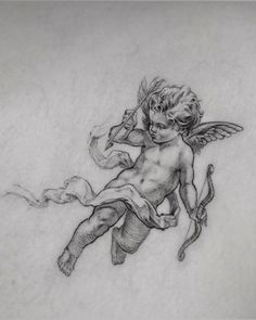 a pencil drawing of a cupid sitting on top of a demon with a bow