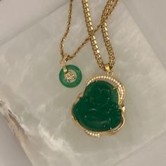 One joyous Buddha green jade necklace. And one good fortune super mini necklace Jade Necklace Aesthetic, Buddha Necklace Gold, Jade Buddha Necklace, Fuchsia Necklace, Green Jade Necklace, Lavender Necklace, Jade Buddha, Necklace Aesthetic, Spiritual Necklace