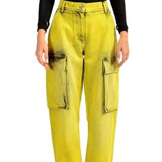 Versace Women's Painted Denim Cargo Trousers Pants Us 6 It 28 Country/Region Of Manufacture:Italy Retail Value: $1300.00 This Is Authentic Versace Women's Painted Denim Cargo Trousers Pants Sku: Bb-8768 Material: 100% Cotton Measured Waist: 32" Rise: 11" Inseam: 38" Leg Opening: 9.5" Spring Cargo Jeans With Hip Pockets, Yellow Five-pocket Pants For Spring, Spring Yellow Pants With Five Pockets, Yellow Straight Leg Denim Bottoms, Casual Yellow Pants With Five Pockets, Yellow Denim Bottoms With Pockets, Yellow Straight Leg Jeans With Five Pockets, High Rise Yellow Bottoms With Pockets, Yellow High-rise Bottoms With Pockets