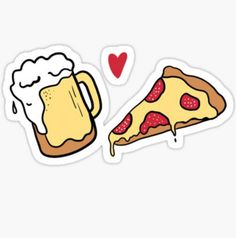 a piece of pizza and a mug of beer sticker on a white background with a red heart