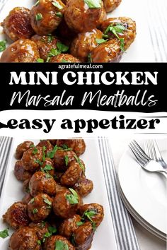 mini chicken meatballs with parsley appetizer on a white plate next to the recipe