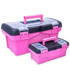 three pink storage boxes with lids and handles