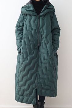 Green Hooded Loose Long Irregular Winter Women Down Jacket AMT1008 Fall Down Puffer Parka, Outdoor Down Long Coat Parka, Outdoor Long Down Parka, Casual Long Duck Down Parka, Green Quilted Winter Jacket, Duck Down Puffer Outerwear, Duck Down Parka For Cold Weather In Fall, Fall Duck Down Parka For Cold Weather, Green Down Puffer Jacket For Winter