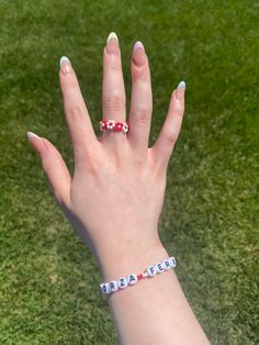 Beaded bracelet and ring set inspired by Ferrari Formula 1 driver Charles Leclerc. Features Ferrari and Monegasque colors as well as initials and number to represent the driver. White Adjustable Casual Rings, Casual White Adjustable Rings, Charles Leclerc Bracelet, Ferrari Bracelet, Formula 1 Nails, F1 Bracelet, European Romance, Bracelet And Ring Set, F1 Girl