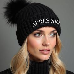 Après Ski Beanie With Fur Pom, Premium Black Embroidered Winter Cuffed Beanie, Fleece Lined Classic Après Ski Hat, Snow Gear, Bachelorette - Etsy Cute Winter Hats For Women, Black Winter Sports Hats, Trendy Winter Hat With Embroidered Logo, Fur Headband Outfit Winter, White Winter Hat With Embroidered Logo, Black Beanie For Winter Sports, Winter Beanie With Embroidered Logo, Black Embroidered Beanie Cap, Black Embroidered Beanie For Winter