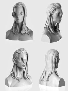 four different views of the head and shoulders of a woman with long hair, in various angles