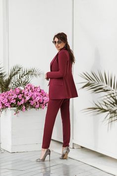 Suits are available in 4 major sizes according to our size chart. Models are wearing a size S XS BUST 32-34 inches or 82-86 cm WAIST 23-24.8 inches or 59-63 cm HIPS 33-35 inches or 86-90 cm S BUST 34-35 inches or 86-90 cm WAIST 25-26 inches or 63-67 cm HIPS 35-37 inches or 90-94 cm M BUST 35-37 inches or 90-94 cm WAIST 26-28 inches or 68-71 cm HIPS 37-38.5 inches or 94-98 cm L BUST 37-38.5 inches or 94-98 cm WAIST 28-29.5 inches or 71-75 cm HIPS 38.5-41 inches or 98-104 cm Blazer length is 27,1 Elegant Two-piece Bottoms For Formal Occasions, Elegant Two-piece Formal Bottoms, Two-piece Sets For Workwear In Fall, Solid Two-piece Pantsuit For Work, Two-piece Pantsuit For Work, Tailored Two-piece Set For Office, Tailored Two-piece Office Set, Two-piece Tailored Office Sets, Fitted Two-piece Set With Notch Lapel