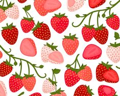 strawberries and strawberrys on a white background seamless pattern with pinkish colors