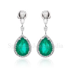 Zambian Emerald Pear Dangle Drop Earrings H/SI Diamond 18k White Solid Gold Pear-shaped Diamond Earrings With 17 Jewels, White Gold Pear-shaped Gemstone Earrings, White Gold Teardrop Gemstone Diamond Earrings, Zambian Emerald, Not Happy, White Solid, Emerald Earrings, Christmas Jewelry, Diamond Clarity