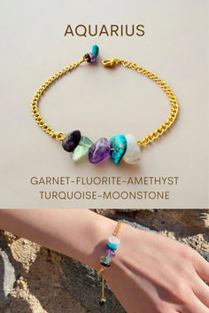 Embrace the innovative and free-spirited energy of Aquarius with this unique gemstone bracelet. Designed for those born under the sign of the Water Bearer (January 20 - February 18), this bracelet features a captivating blend of Garnet, Fluorite, Amethyst, Turquoise, and Moonstone—gemstones known to resonate with Aquarius's independent spirit, humanitarian nature, and forward-thinking vision. #aquariuszodiac #gemstonebracelet #aquariussign #gemstonejewelry Fusion Style Gemstone Beads Bracelets As Gift, Fusion Style Natural Stone Bracelets As Gift, The Water Bearer, Moonstone Gemstones, Aquarius Sign, Water Bearer, Zodiac Bracelet, Forward Thinking, Aquarius Zodiac