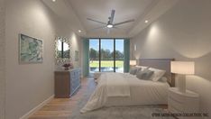 a bedroom with a large bed and ceiling fan