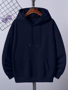 Bleu marine Casual Collar Manches longues Étoffe Unicolore À enfiler Embellished Extensibilité légère Dark Blue Hoodie Outfit Men, Dark Blue Outfits, Thrifted Outfits Men, Blue Hoodie Outfit, Hoodie Outfit Men, Blue Hoodie Men, Plain Hoodies, Navy Blue Hoodie, Navy Outfit