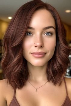 Copper-Tinted Mahogany Chestnut, fall hair colour idea Hair Colour Mahogany, Cool Tone Copper Hair Color, Brown Hair Mahogany Highlights, Auburn Gloss Hair, 5rb Hair Color, Fall Hair For Brown Eyes, Mahogany Chestnut Hair Color, Dark Brown Hair With Auburn Tint, Slightly Red Brown Hair