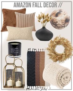 a collage of home decor items including pillows, blankets and candles