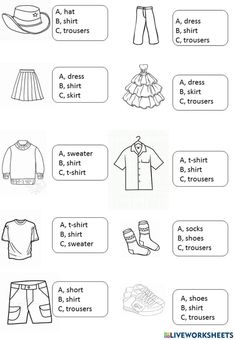 the clothes and shoes worksheet for children to learn how to wear them in english