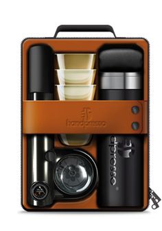 the contents of a coffee maker in an orange case