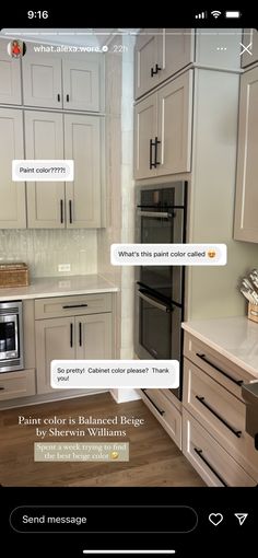 a kitchen with white cabinets and an appliance on the phone showing what to do