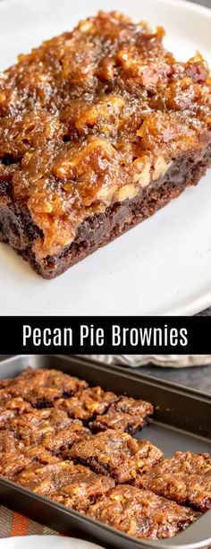 pecan pie brownies on a white plate and in a pan with the same topping