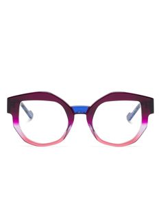 purple/multicolour geometric frame clear lenses sculpted arms curved tips These glasses come with a protective case. All glasses from FARFETCH are sold as non-prescription frames. Trendy Purple Square Frame Sunglasses, Purple Frame Glasses, Purple Eyeglasses For Women, Lavender Glasses Frames, Modern Purple Square Frame Sunglasses, Sculpted Arms, Rare Gifts, Geometric Frame, Iconic Bags