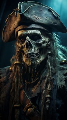 a skeleton dressed in pirate clothing with a hat and dreadlocks on his head