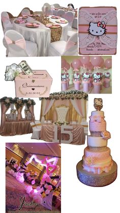 a collage of photos with pink and white decor on it's sides, including a hello kitty themed wedding cake