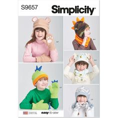 Childrens Hats and Mittens and Cowl Scarves.Simplicity Sewing Pattern 9657.Size S-M-L.From the 'Easy to Sew' range.Easy to sew snug hats in sizes S (19 inch), M (20 inch) and L (21 inch) have bands with or without ear flaps and bear ear, dino spike and pom pom options. Mittens have elastic at wrist and optional paw appliques or claws. Cowl scarf has hook and loop closure and optional pom poms.Recommended fabricsStretch Knits only such as Fleece, Double-Faced fleece. Applique: Felt. Interfacing: Lightweight Fusible. Kids Animal Hats, Scarf Sewing Pattern, Crafts Sewing Patterns, Hat Patterns To Sew, Childrens Hats, Animal Hats, Sewing Patterns For Kids, Easy To Sew, Cowl Scarf