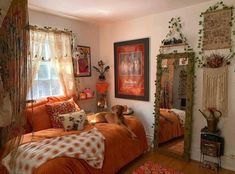 a dog sitting on top of a bed in a bedroom next to a mirror and window