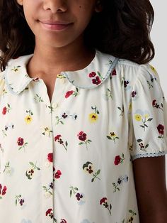 Gap × DÔEN Kids Floral Shirt | Gap Floral Print Spread Collar Blouse For Daywear, Daywear Blouse With Floral Print And Spread Collar, Floral Print Blouse With Spread Collar For Daywear, Gap Summer Tops With Spread Collar, Casual Shirt With Peter Pan Collar For Spring, Classic Gap Tops For Spring, Classic Collared Tops With Floral Print, Classic Collared Top With Floral Print, Classic Cotton Blouse By Gap