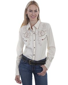 Women's Embroidered Western Shirt – Skip's Western Outfitters Horse Shoe Flowers, Cream Horse, Embroidered Horse, Horse Shoes, Cowboy Shirt, Embroidered Roses, Cream Shirt, Western Tops, Horse Shoe