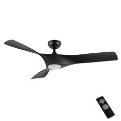 a black ceiling fan next to a remote control