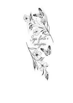 a black and white drawing of flowers with butterflies on the bottom half of their arm