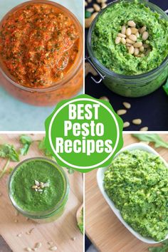 four different pictures with pesto in them and the words best pesto recipes below