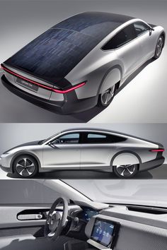 an electric car with solar panels on the roof is shown in three different angles, including from top to bottom