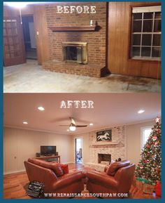 before and after pictures of a living room remodel with brick fireplace, wood paneling, and leather chairs