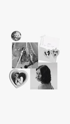 black and white photo collage with heart shaped objects