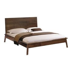 a wooden bed with white sheets and pillows