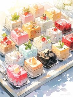 there are many different types of cakes on the tray