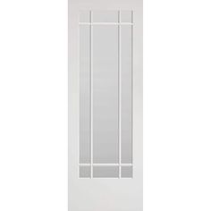 a white door with glass panels on the bottom and side panel, in front of a white background