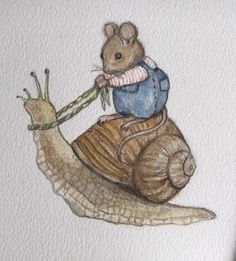 a drawing of a mouse riding on top of a snail