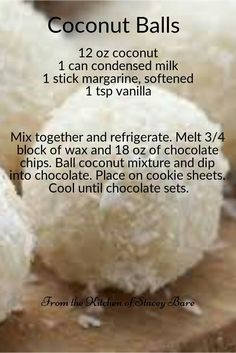 coconut balls on a cutting board with instructions for how to make them in the kitchen