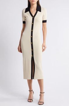 ZOE AND CLAIRE Collared Button Front Sweater Dress | Nordstrom Johnny Collar, Button Front Dress, Maxi Dress Cocktail, Fashion Wishlist, Cream Dress, Contrast Trim, Nordstrom Dresses, Knit Dress, Vintage Inspired