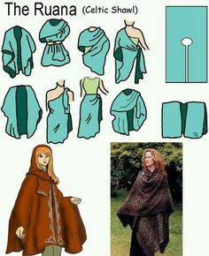 an image of a woman's dress and shawl sewing pattern for the ruana celtic shawl