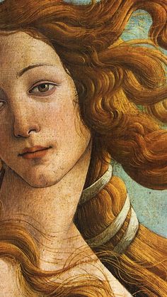 a close up of a painting of a woman's face with long, wavy hair