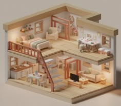 a model of a house with furniture and stairs leading to the bedroom, living room and dining area