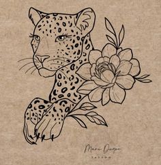 a black and white drawing of a leopard with flowers