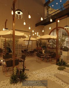 an outdoor restaurant with tables and umbrellas in the evening time, lit up by hanging lights