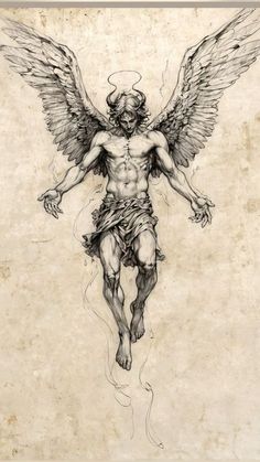 a drawing of an angel with large wings