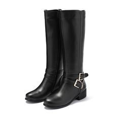 GOOSHOE Non-Slip Rubber Chunky Heel Rider Boots Double Row Belt Buckle Side Zipper Plush Lining Knee Boots black-34 Hak Tinggi, Rider Boots, T Shirt Crop Top, Bodysuit Lingerie, Mid Length Dresses, Mongolia, Mid Heel, Chunky Heel, Laos