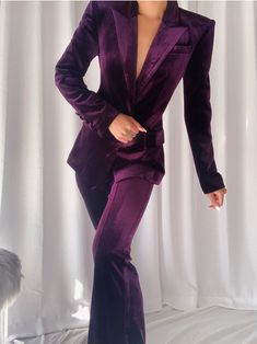 Purple Suits Women, Dark Purple Suit, Mlp Human, Rockstar Gf, Embroidery Skirt, Wardrobe Makeover, Purple Suits, Collarless Jacket, Satin Blazer